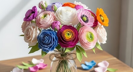 Vibrant Bouquet of Handmade Crepe Paper Flowers in a Glass Vase Displayed.