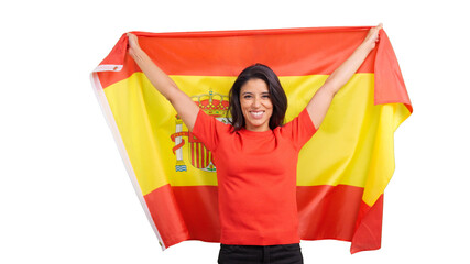 Woman holding up Spain flag celebrating patriotism isolated