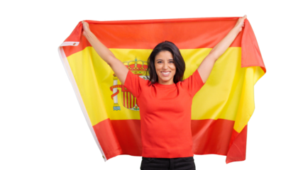 Woman holding up Spain flag celebrating patriotism isolated