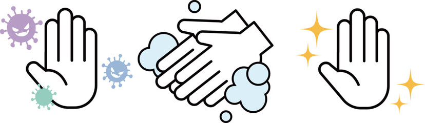 手洗い　ビフォーアフター　綺麗な手　汚い手　ベクターイラスト素材