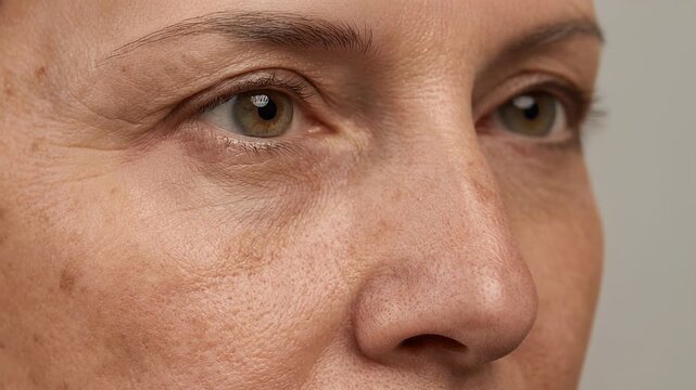 Close-up of mature womans face showing skin texture and age spots.