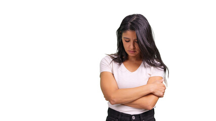 Depressed woman feeling lonely and sad on transparent background