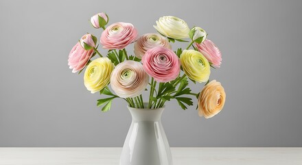 Elegant arrangement of pastel-colored paper flowers in a simple white vase.