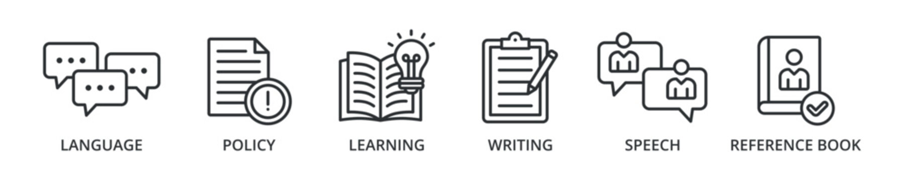 Grammar banner icon with language, policy, learning, writing, speech, reference book