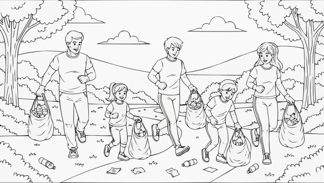 Children's coloring book - A family is participating in a plogging event (jogging + picking up litter) in a park with gloves and bags