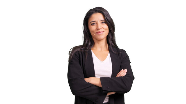 Confident businesswoman smiling with arms crossed on transparent background