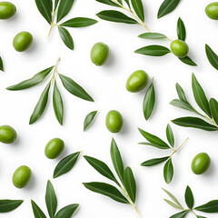 Seamless pattern of green olives and leaves on white background creates fresh and vibrant atmosphere