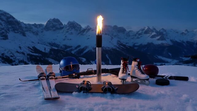 Winter sport concept. Single torch burning with bright flame among collection of sports equipment on snow: skis, snowboard, figure skates, hockey, curling, bobsleigh, biathlon. 