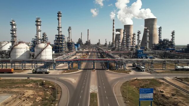 Industrial complex with roads and cooling towers