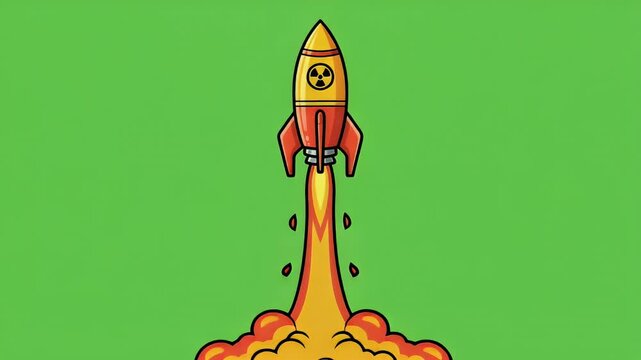 Cartoon Rocket Launching with Nuclear Symbol on Green Background.