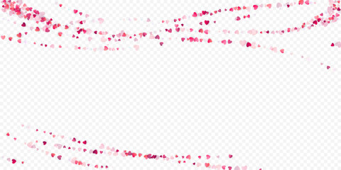 Heart love vector background. Valentine frame. Pink hearts confetti. Scattered love symbols. Random falling heart shape on transparent background. Beautiful Invitation, Greeting Card Illustration.
