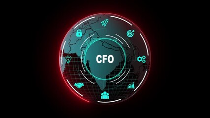 CFO Financial Strategy HUD Interface with Global World Map, Finance Icons, Corporate Budget Analysis and Futuristic Business Dashboard