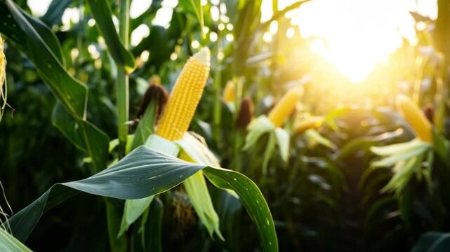 Ripe golden corn cob standing tall in a vibrant green field under the warm glow of the setting sun