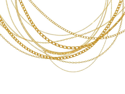 Collection of Gold Chains on White Background.