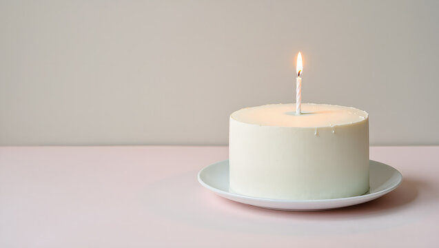 Minimalist white birthday cake with a single lit candle on a white plate, pastel background.