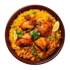 Roasted chicken pieces on yellow rice, garnished with citrus