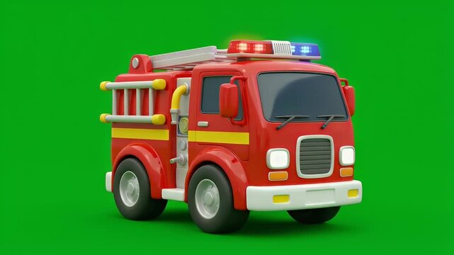 Cute Cartoon Fire Truck with Flashing Lights on Green Screen Background.