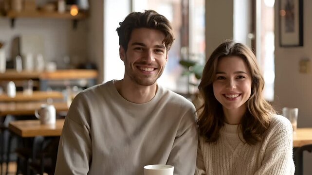 カフェで視線を向け微笑む男女の友好的なコミュニケーションシーン