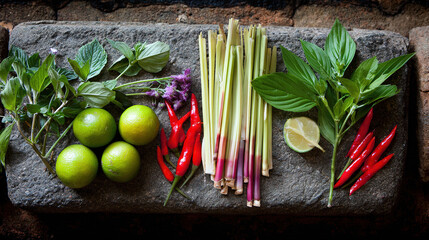 Colorful Asian ingredients arranged on a stone surface, showcasing fresh herbs and spices.
