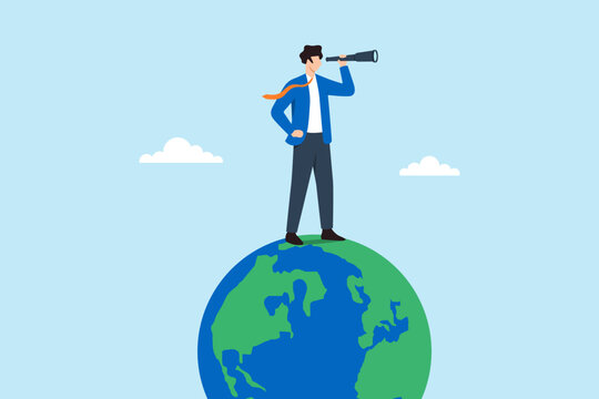 Flat illustration of businessman standing on globe looking through telescope symbolizing global vision opportunity exploration international strategy and future business outlook