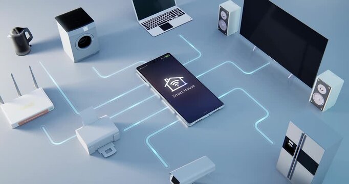 Overhead view of smart home devices connected to a smartphone with a sleek, modern aesthetic and a predominantly white and blue color scheme.
