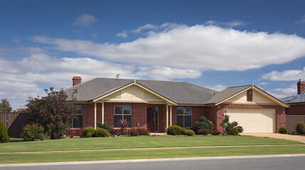 Obraz premium Charming Australian-style suburban home with a manicured lawn, bathed in natural daylight under a soft cloudy sky. 