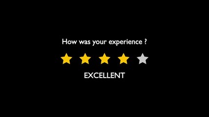 Animated four yellow stars and Excellent label on black background. Ideal for customer review, feedback, and rating system.