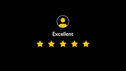 Animated five yellow stars and Excellent label on transparent background. Ideal for customer review, feedback, and rating system.