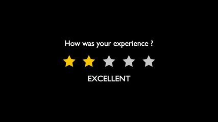 Animated two yellow stars and Excellent label on black background. Ideal for customer review, feedback, and rating system.