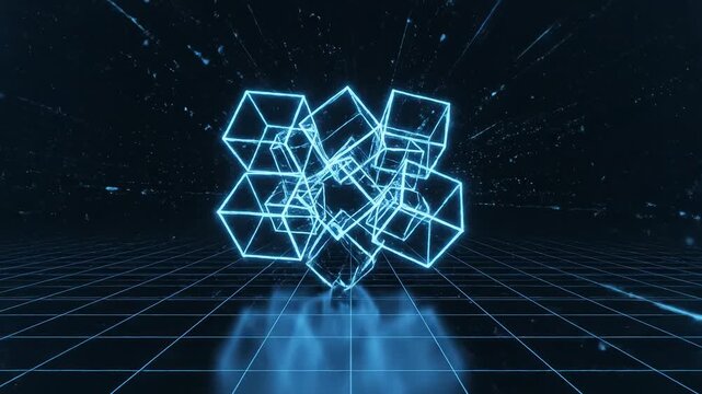 Blue neon cube structures in grid space