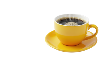 Vibrant yellow ceramic mug with steaming hot black coffee, crema and foam, on matching saucer, isolated on transparent background, copy space, fresh start concept