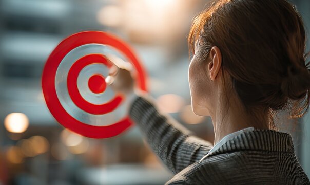 Focused Woman Holding Target Concept with Leadership Vision and Clear Objective in Mind