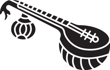 Black silhouette of a sitar on transparent background music instrument stringed traditional indian classical musical art guitar picks fretboard neck body soundbox tuning pegs strings © Djujjol