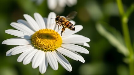 Obraz premium Bee collecting pollen from a daisy flower in a garden.