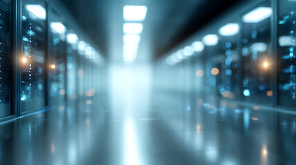 Futuristic data center interior with glowing lights and server racks, representing modern technology and data processing.