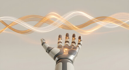 futuristic robotic hand reaching toward glowing digital energy waves representing artificial intelligence connection advanced automation machine learning and future technology concept