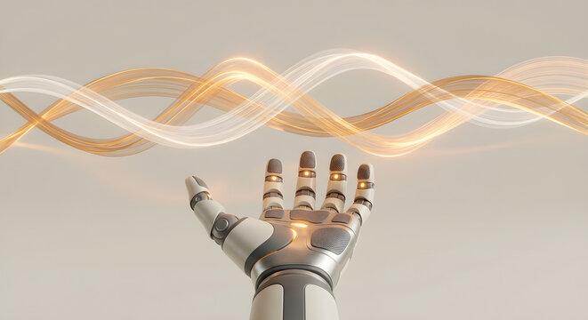 futuristic robotic hand reaching toward glowing digital energy waves representing artificial intelligence connection advanced automation machine learning and future technology concept - Powered by Adobe