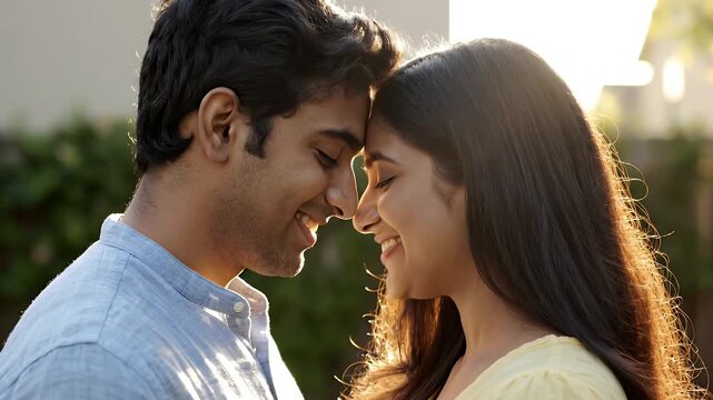 A tender moment - Couple shares a loving embrace outdoors in the sunlight.