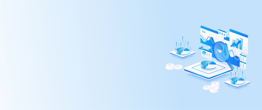Stock market isometric of financial dashboard data analysis with gantt charts, coin, and financial metrics in banner web concept.