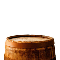 Close-up of a weathered, wooden barrel's top & side