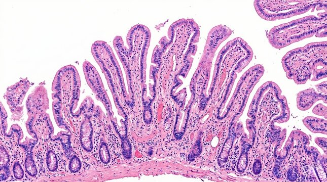 Microscopic view of villi and crypts in the small intestine, showing epithelial cells and underlying lamina propria.