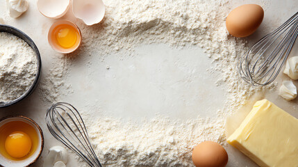 Ingredients for baking with eggs, flour, butter, and kitchen tools, perfect for culinary creativity and recipes.