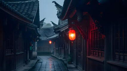 traditional chinese alleyway with lanterns