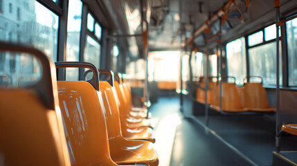 Interior view of an empty public transport bus showcasing bright orange seats and soft sunlight filtering through.