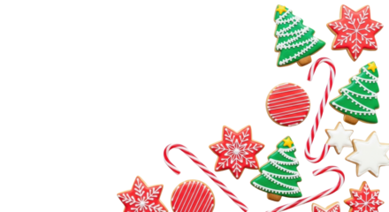 Christmas sugar cookies (iced trees, stars, striped circles) and red/white candy canes, flat lay on white background with copy space, soft studio light, sweet holiday delights concept