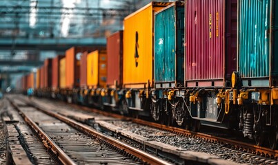 Fototapeta premium Freight Train Loaded with Colorful Containers in Distribution Mode at Rail Yard