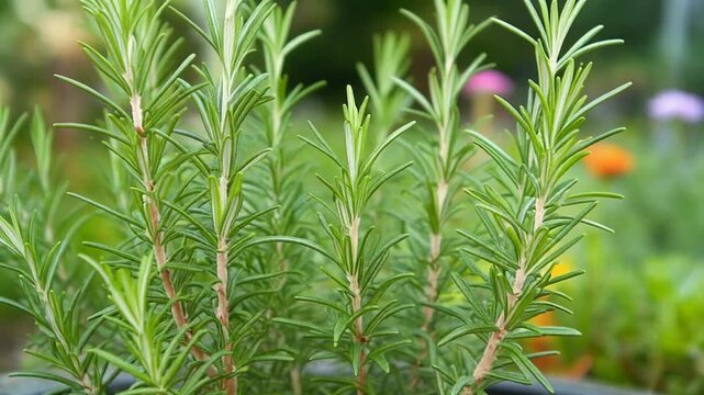 Close-up of rosemary plants in a garden with blurred flowers background for herbal or gardening use