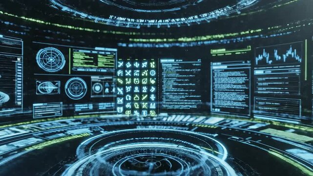 Futuristic digital interface with holographic elements