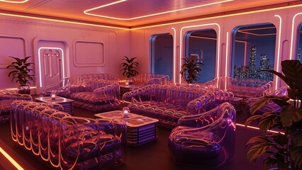 A luxurious lounge with neon lights, tropical plants, and modern furniture, viewed from a central perspective in a futuristic environment with brutalist elements.