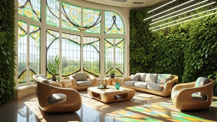 Modern Living Room with Tropical Greenery and Stained Glass Windows